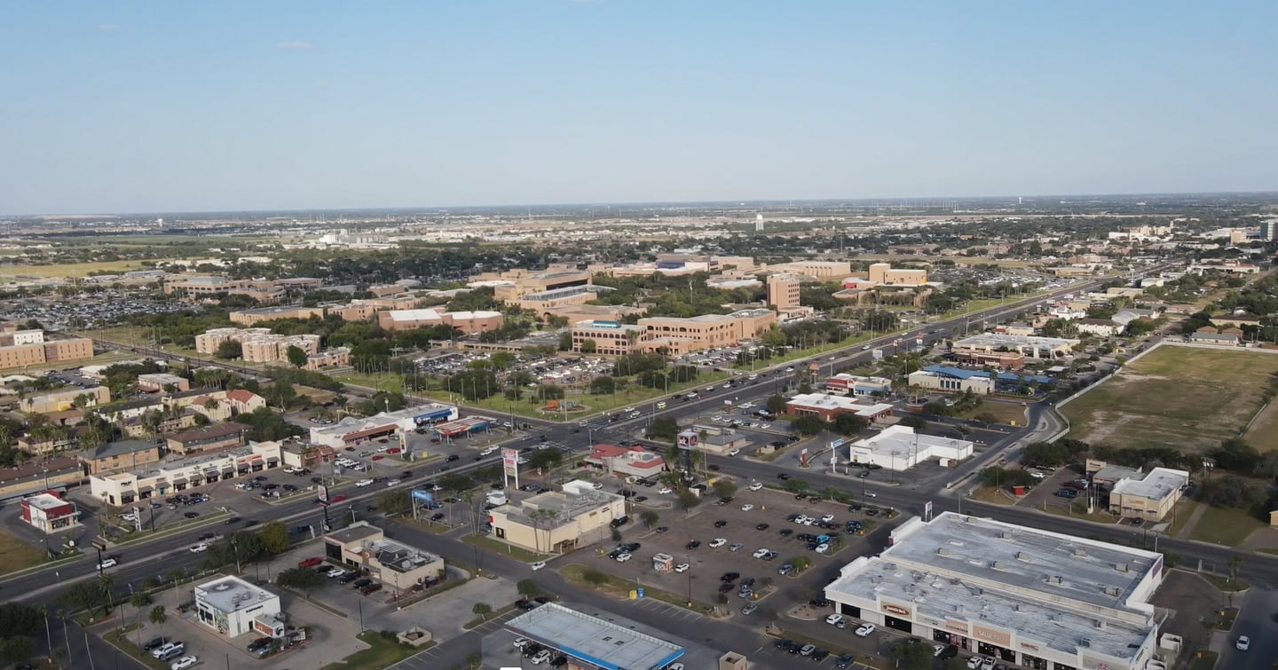 Aerial view of retail and small businesses in Edinburg
