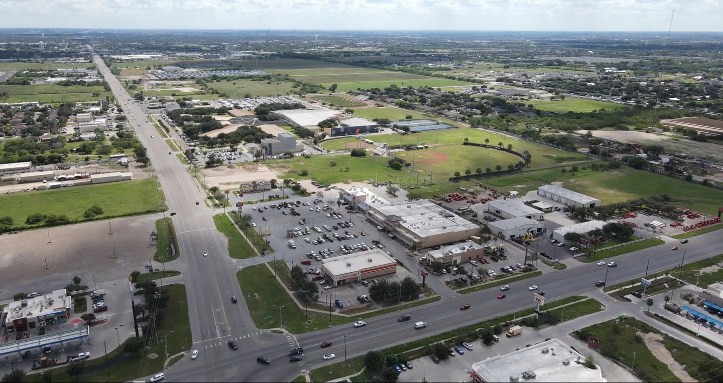 Aerial view of an Edinburg business corridor