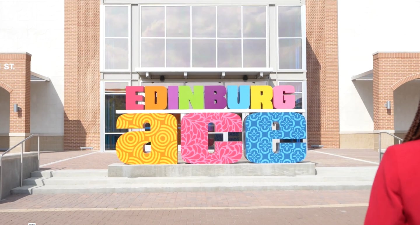 The colourful EDINBURG letter sculpture outside a city venue
