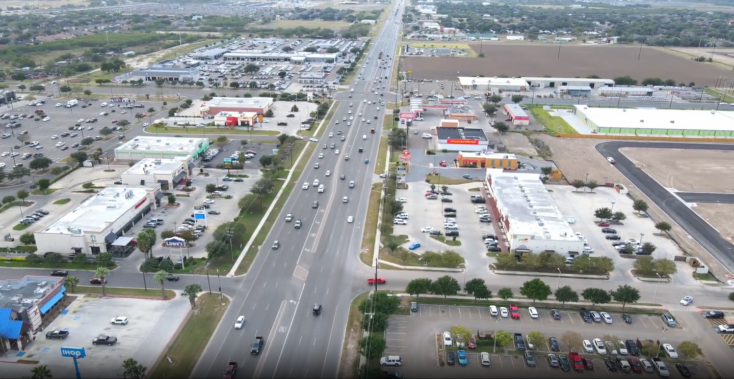 Aerial view of a retail corridor in Edinburg